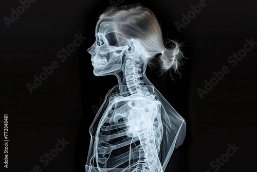 An X-ray of the upper body and neck, showing all bones, with a woman's head visible in profile on a black background. Skeletal structures. Female skeleton. Medical radiography concept, X-ray scan