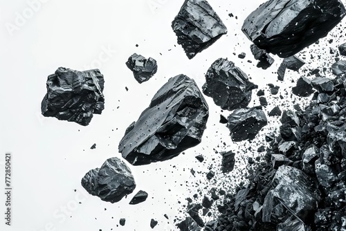 Falling rocks on white background, black charcoal or coal abstract illustration