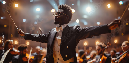 A young black conductor on a platform center stage leading an orchestra. Generative AI.