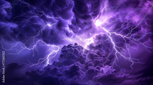 Intense lightning storm with purple sky