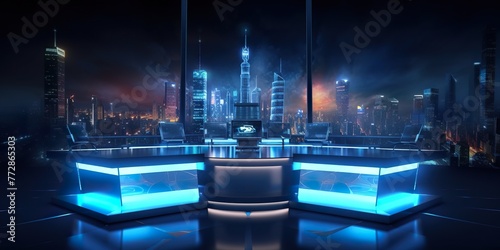 minimalistic design 3d virtual news studio. Announcer Table with night city background and floodlights