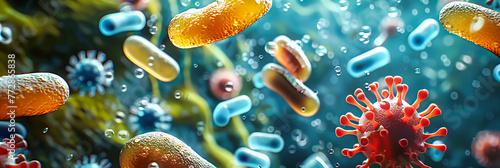Close-up view of various bacteria, showcasing the intricate shapes and vibrant colors of these microscopic organisms, highlighting the beauty and complexity of the microbial world