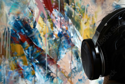 headphones on persons ears, abstract painting in studio soft