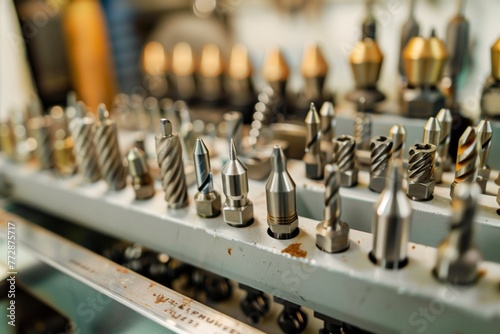 metal drill bits and taps organized in a tool holder