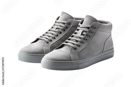 Pair of Grey Sneakers on White Background. On a White or Clear Surface PNG Transparent Background..