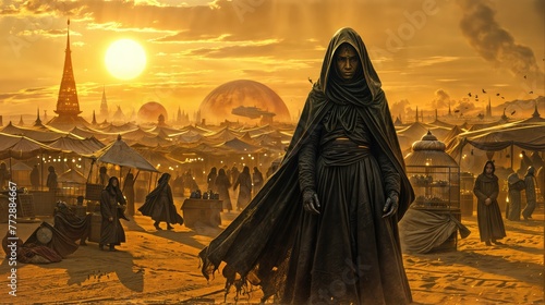 A woman in black robes with a hood walks through a desert marketplace