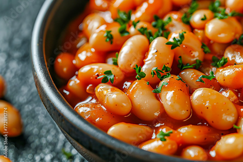 Close-up of spiced baked beans in tomato sauce.
