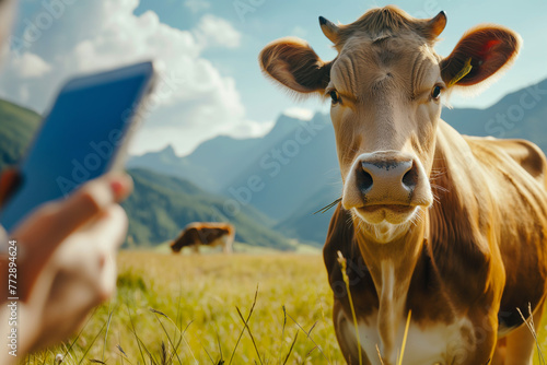 Curious cow looking at the camera while being photographed with a smartphone in a green field with mountains in the background