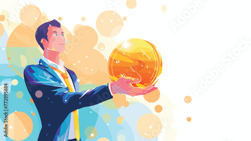 Businessman holding a golden Libra coin. Crypto currency