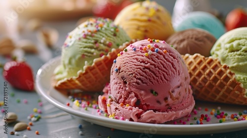 A tempting plate of Italian gelato, featuring scoops of creamy, colorful gelato flavors like pistachio, strawberry, and chocolate, served in a crisp waffle cone with a scattering of rainbow sprinkles.