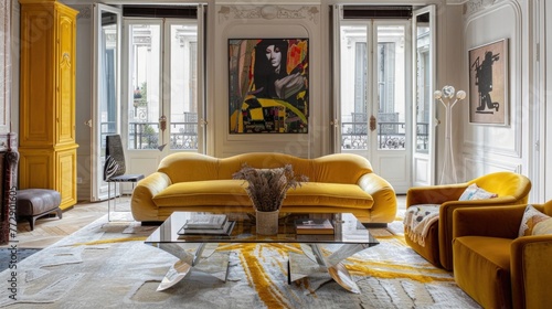 Luxurious living room with vibrant yellow sofas and eclectic art pieces.