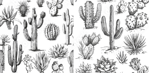 Sketch cartoon succulent agave, saguaro and prickly leaved pear with