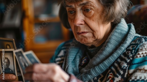 Elderly Woman Reflecting on Memories with Old Photographs