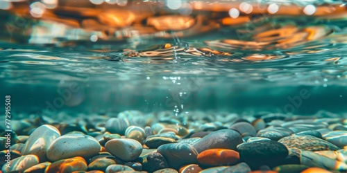Smooth multi-colored pebbles are visible beneath clear water in this close-up shot