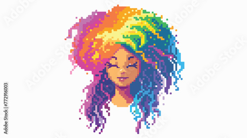 Rainbow winking face with fashion hair pixel art icon
