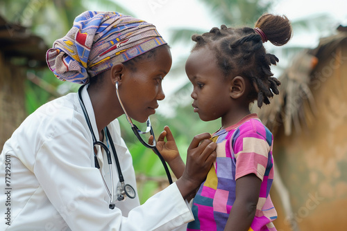 African-American nurse in a headscarf attends to an African child in an African village.