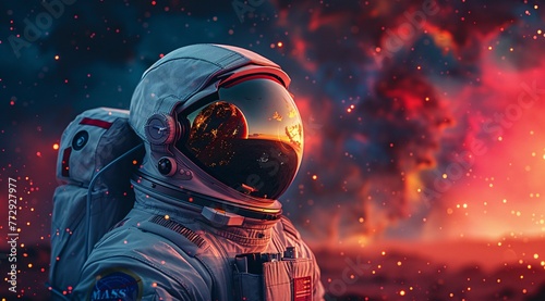 Astronaut in Space Suit with Blue Gloves and Red Sunglasses Generative AI