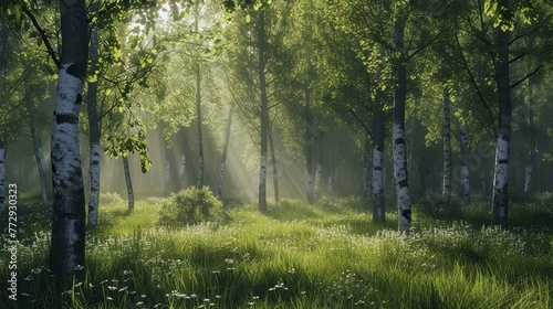 Rays of light in a deep forest. Trees, path, greenery, sun, flowering, nature, thicket, taiga, clearing, firewood, edge, pine needles, field, grove, animals, air, berries. Generated by AI