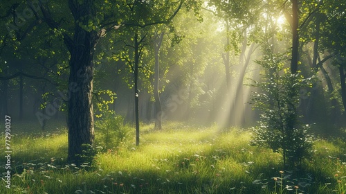 Rays of light in a deep forest. Trees, animals, berries, cones, path, greenery, sun, flowering, nature, thicket, taiga, clearing, firewood, edge, pine needles. Generated by AI
