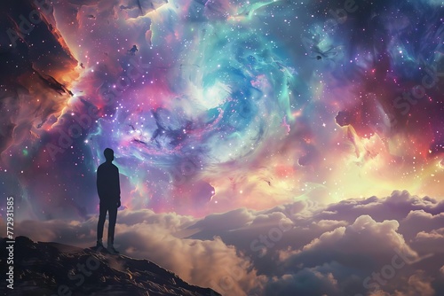 Man standing in awe before majestic cosmic nebula, sense of wonder and exploration, digital painting