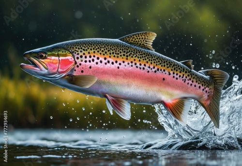 rainbow trout in mid-air, water droplets flying around