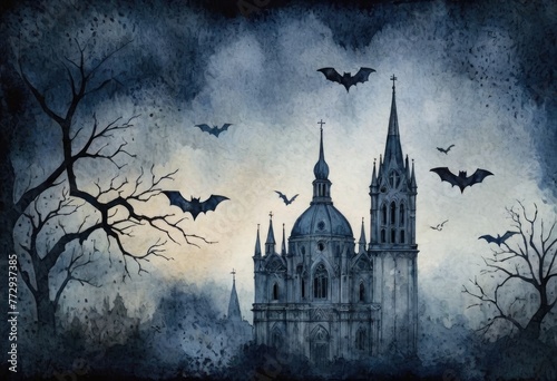 Byzantine wallpaper with a pattern of bats in different shades of midnight blue, overlaid with a eerie painting of a haunted cathedral.