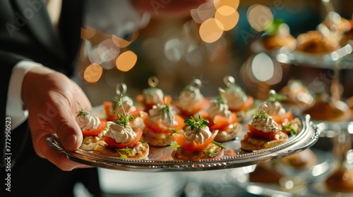 Extreme close-up of a waiter's hand serving a gourmet appetizer on a silver platter, exemplifying the elegance and professionalism in event hospitality.