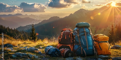 Durable nylon backpacks and tents nestled among a mountainous landscape bask in the warm glow of the golden hour