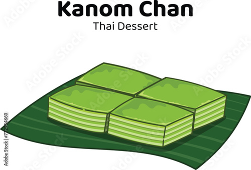 Thai dessert steamed cakes, Asian desserts made from Pandan leaves And flour from rice flour, cassava, coconut milk and sugar. Kanom chan hand drawn cartoon doodle style.