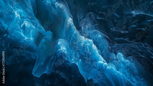 Illuminated blue ice cave interior