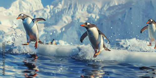 A image of playful penguins sliding on icy slopes or diving into the freezing waters of Antarctica