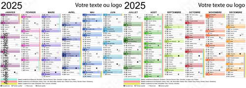 Modèle de calendrier 2025 avec saints, fêtes et vacances scolaires pour impression - Textes vectorisés et non vectorisés sur calques séparés 