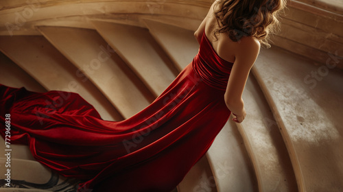 Kobieta w czerwonej sukni idąca po kręconych schodach
