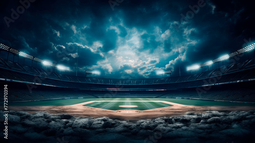 A baseball field under cloudy sky with lights above