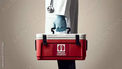 Doctor carrying a cooler box for organ transport doctor ensures swift and safe organ transport using specialized cooler box, optimizing life-saving medical procedures