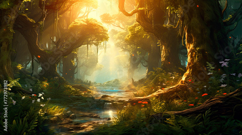 A tranquil forest painting with a meandering stream
