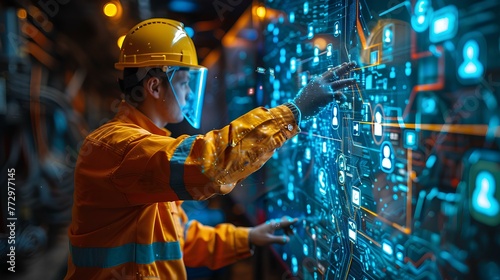 a worker in a hard hat touches icons on a virtual screen