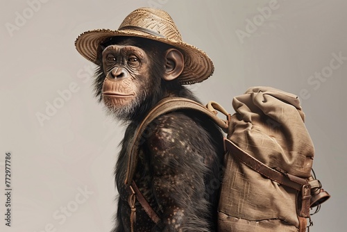 a chimpanzee wearing a hat and backpack