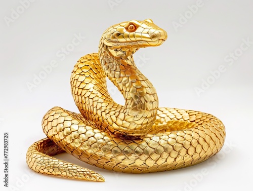 A golden serpent sculpture is coiled with its head raised