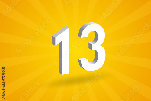 3D 13 number font alphabet. White 3D Number 13 with yellow background
