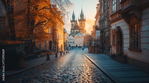 The fiery sky of sunset casts a dramatic backdrop to the gothic spires of an old city.