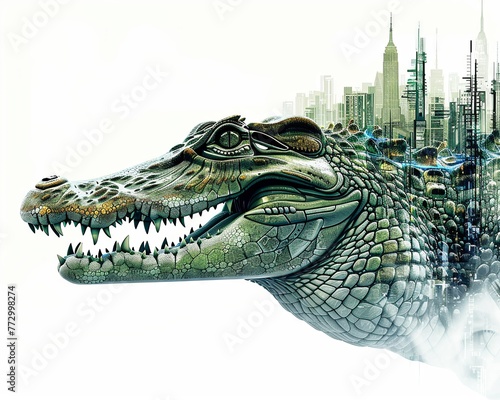 Digital art of a cybernetic crocodile representing innovation and entrepreneurship, futuristic cityscape in the background , isolated background