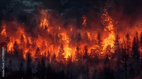 Intense wildfire in a forest at night