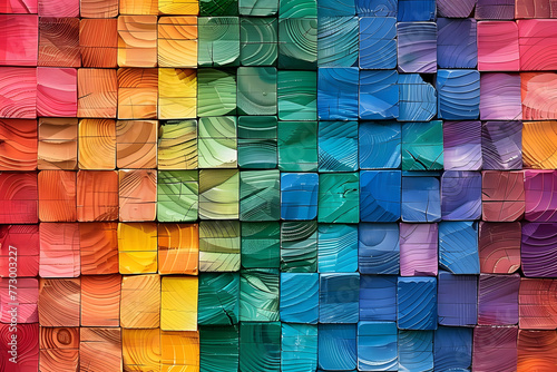 Pride flag made of tens of colorfully painted wooden blocks, colorful natural re-creation of a flag.