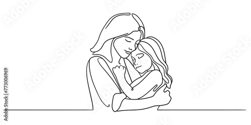 Mother hugs child continuous line art drawing isolated on white background. Vector illustration