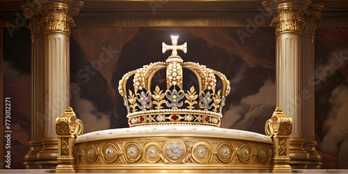 The United Kingdom's Crown Adorning Upon a Soft Pillow in Regal Still Life Symbol of Faith and Sovereignty of Christian King