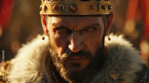 Stern king with piercing eyes wears a crimson and gold crown, cloaked in luxurious fur, overlooking his court, where blurred figures suggest a grand, bustling backdrop of royal life