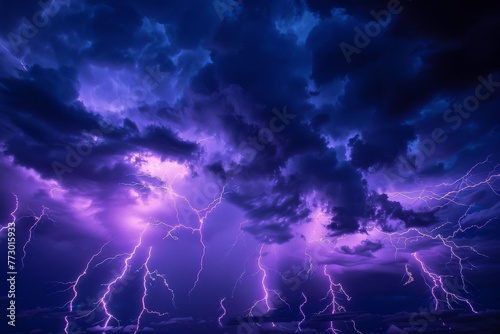 Dramatic stormy sky with multiple cloud-to-ground lightning strikes, extreme weather, thunderstorm, nature photography