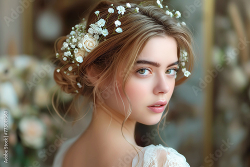 portrait of girl bride with a cute bridal wedding hairstyle with fresh delicate flowers in hair