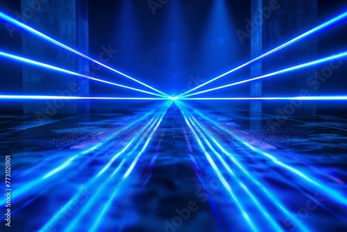 Glowing blue neon laser beams streaking across dark background, futuristic technology abstract illustration